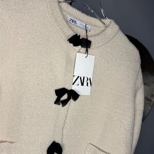 ZARA NEW WOMAN FRAYED KNIT CARDIGAN WITH BOWS ECRU S